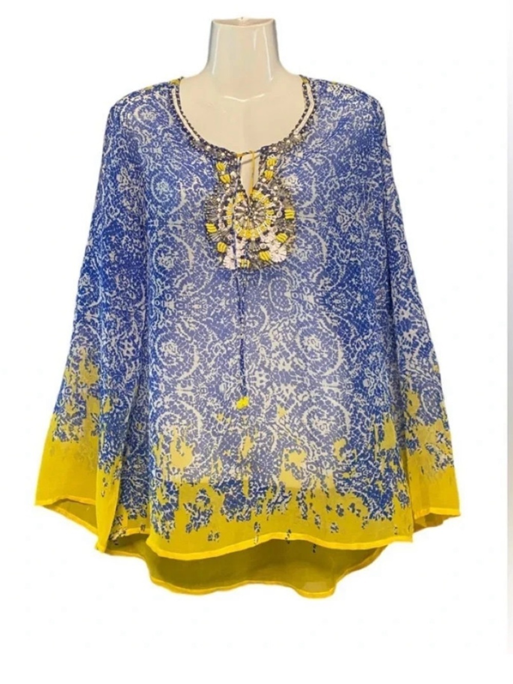 Soft Surroundings Sheer Long Sleeve Beaded Appliqué Tunic Top Sz S